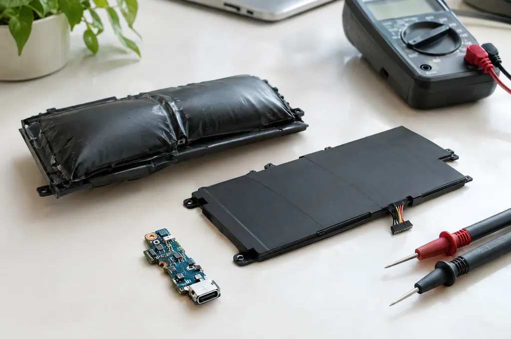 Swollen old laptop battery next to a new replacement, a charging port board and a multimeter