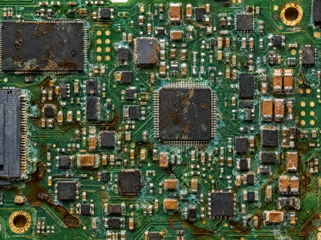 Logic board on arrival with green-white corrosion and dried liquid residue