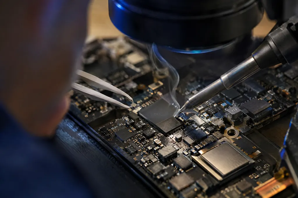 Soldering iron and tweezers working on a tiny chip under a stereo microscope