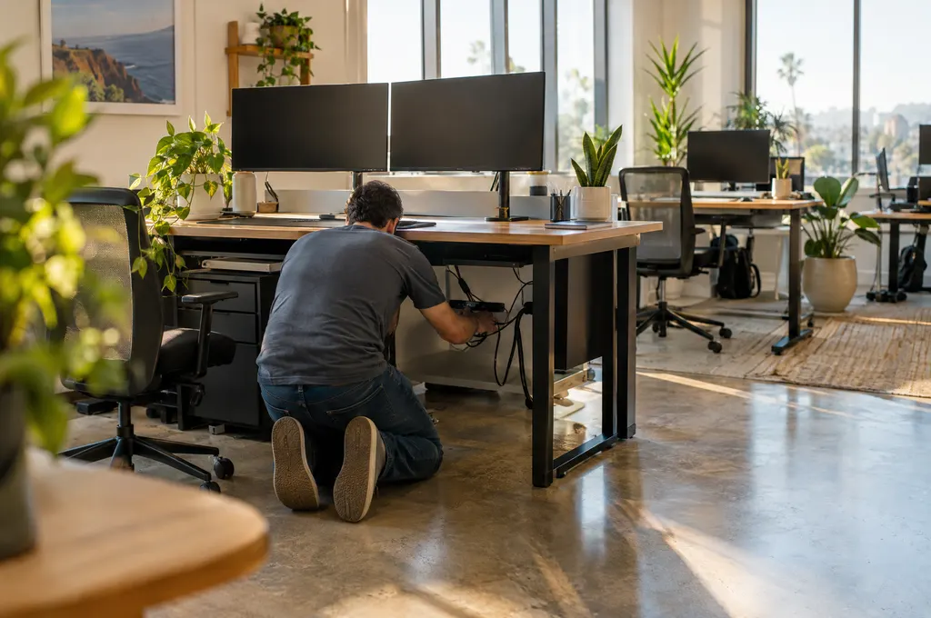Technician kneeling to connect a docking station under a desk in a bright office