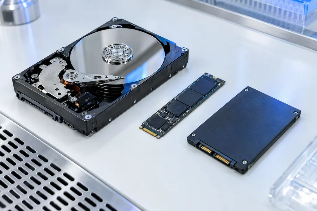 Opened hard drive with a mirror platter beside NVMe and laptop SSDs on a clean lab surface
