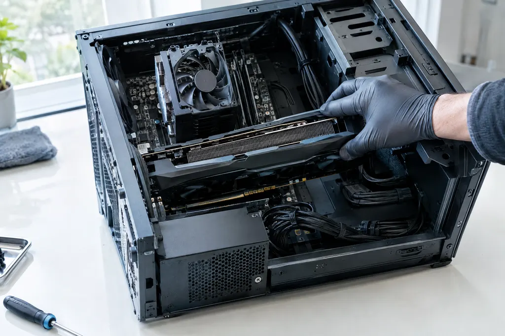 Open desktop tower on its side while a gloved hand reseats a graphics card