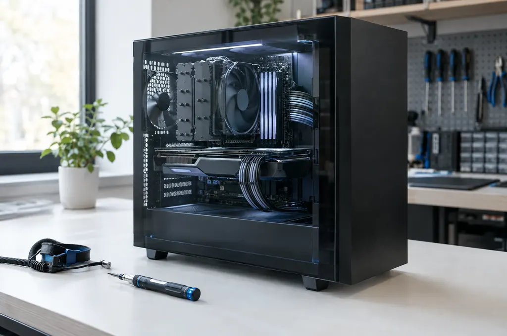 Freshly built custom PC with a glass side panel and tidy cables on a bright workbench