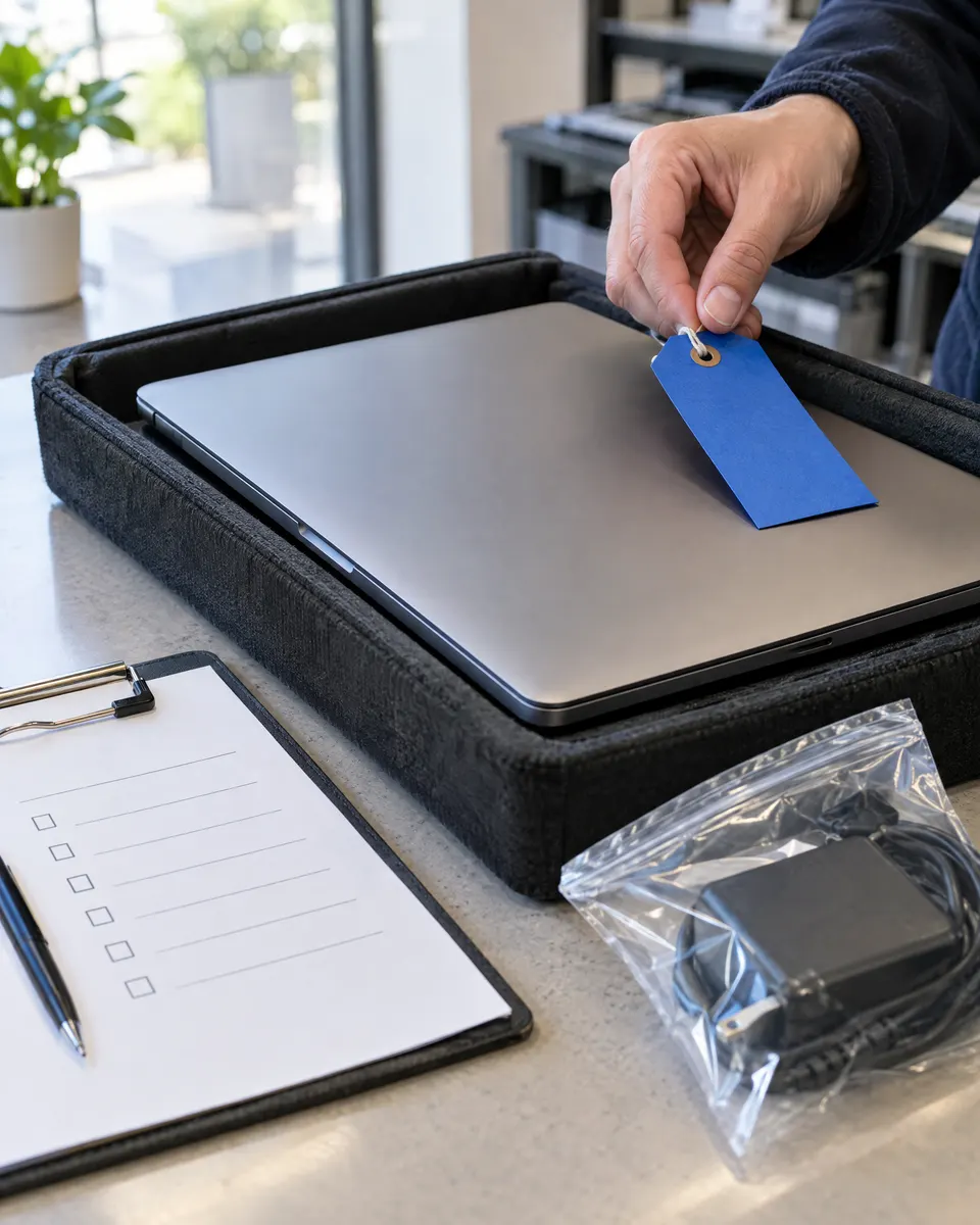 Laptop in a padded intake tray with a blue job tag and a checklist