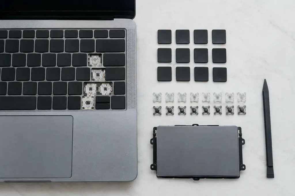 Laptop keyboard with removed keycaps and tiny scissor mechanisms arranged in neat rows