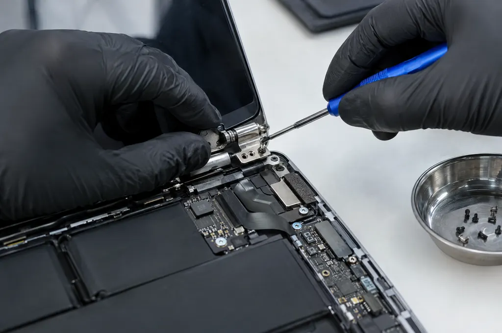 Technician in black gloves replacing a broken laptop hinge on a pale workbench