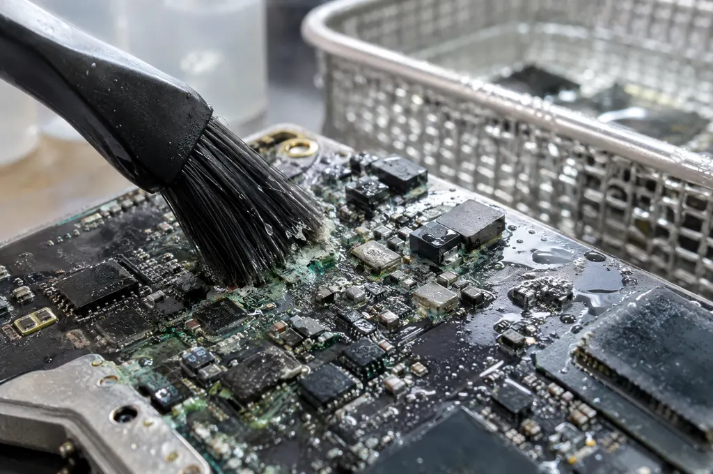 Brush with isopropyl alcohol cleaning corrosion from a laptop logic board