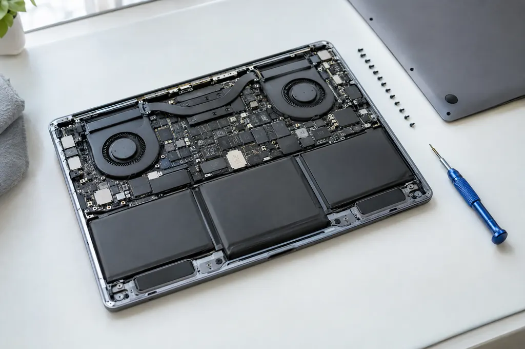 Space-gray aluminum laptop upside down with its bottom case removed, showing the logic board