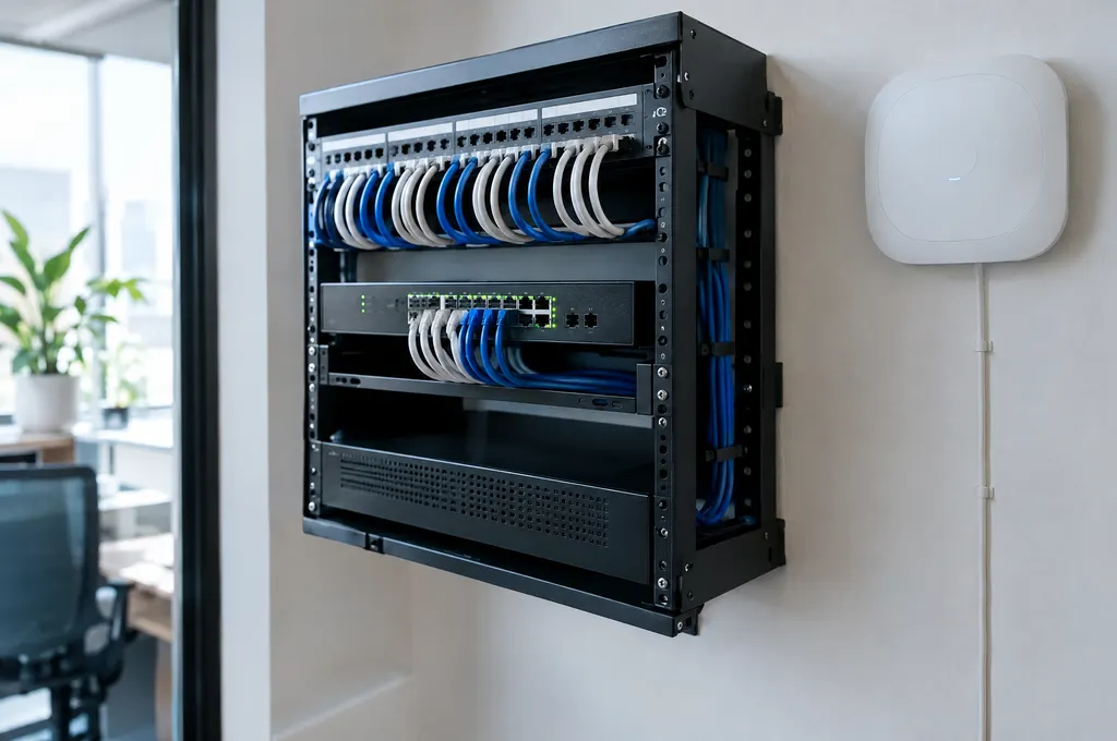Neatly cabled patch panel, small switch with status lights and a wall-mounted Wi-Fi access point
