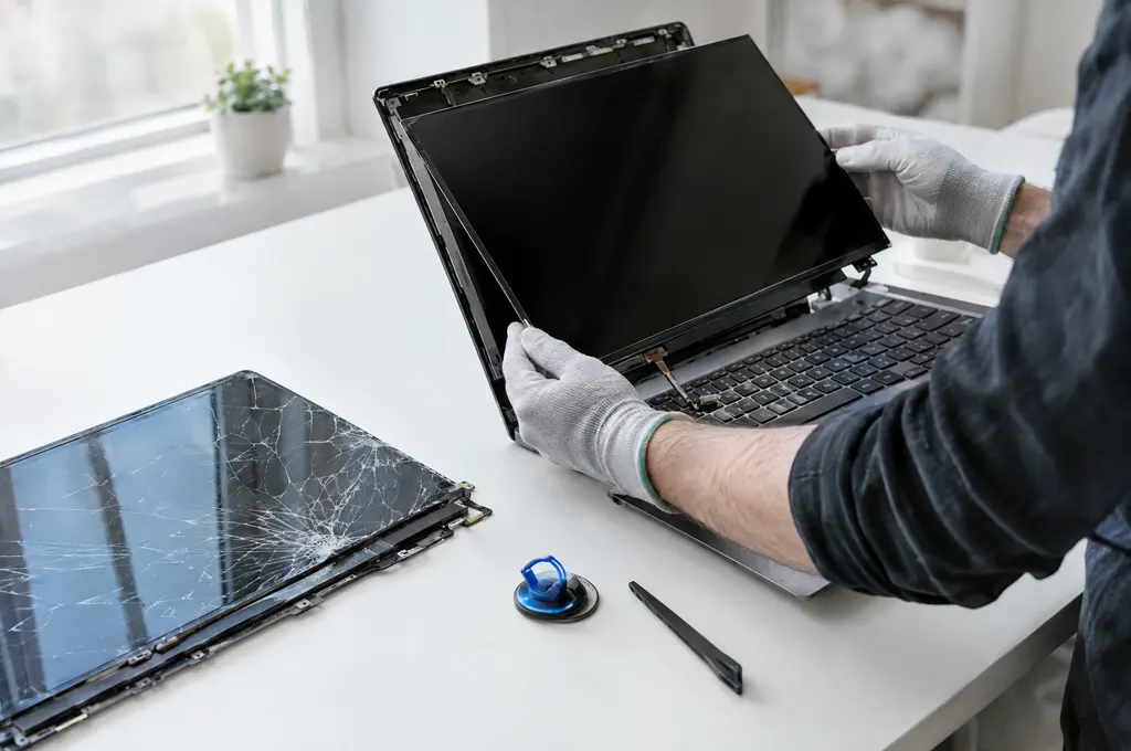 Gloved hands lifting a new laptop display panel next to a cracked old screen