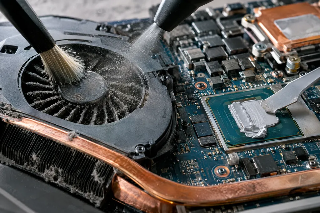 Fine brush and compressed air removing dust from a laptop fan beside fresh thermal paste