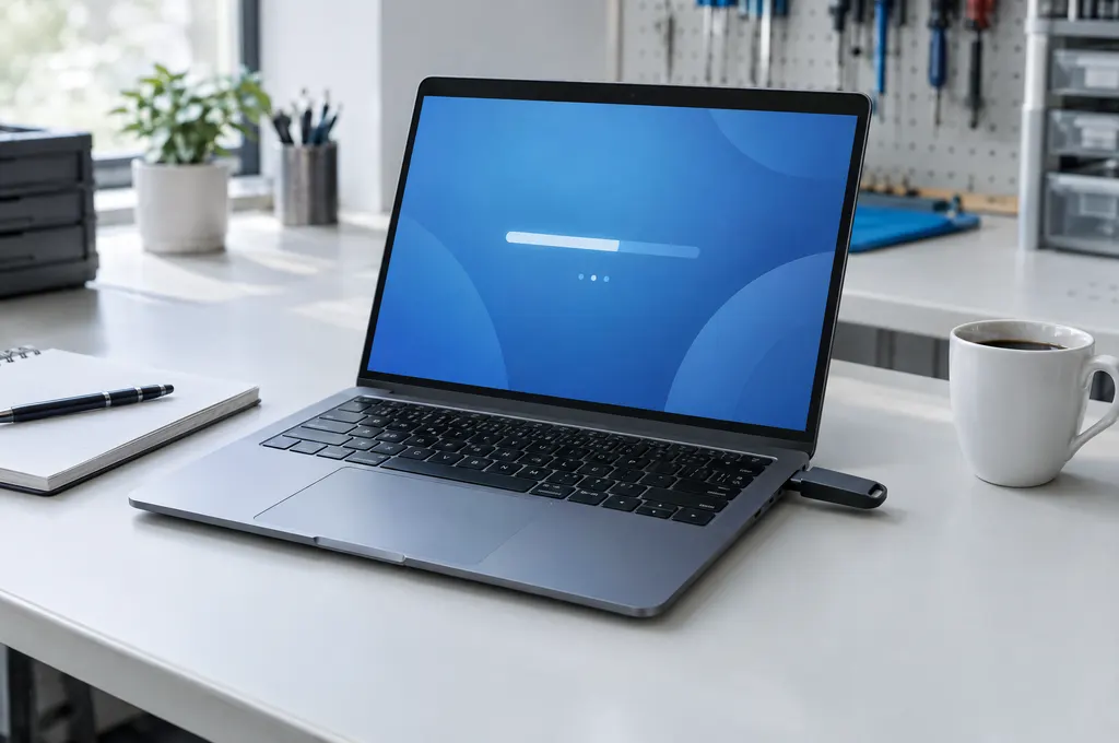 Laptop on a repair bench with a USB recovery drive and a blue scanning screen